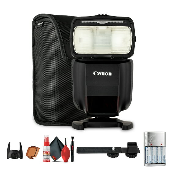 Canon Speedlite 430EX III-RT Flash – Wireless Radio & Optical TTL, High-Speed Sync, Bounce & Swivel Head, Compact Design + Flash Bracket + 4x AA With Charger + Cleaning Kit (Bundle)
