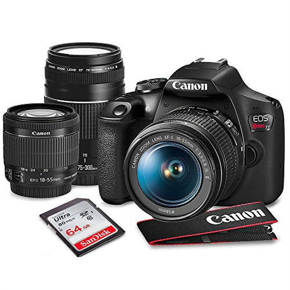 Canon T7 EOS Rebel DSLR Camera with 18-55mm and 75-300mm Lenses Kit + UV Filter Set + Tripods + Battery Power Kit and 64GB SD Card Deluxe Accessory Bundle