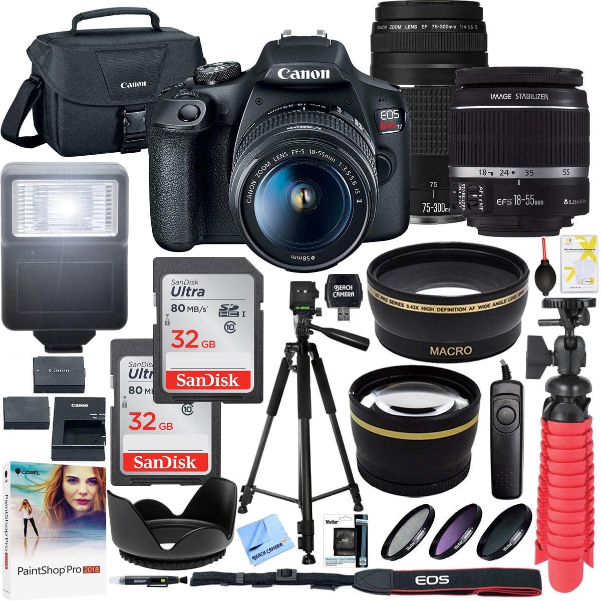 Canon T7 EOS Rebel DSLR Camera with EF-S 18-55mm f/3.5-5.6 IS II and EF 75-300mm f/4-5.6 III Lens and Two (2) 32GB SDHC Memory Cards Plus Double Battery Accessory Bundle