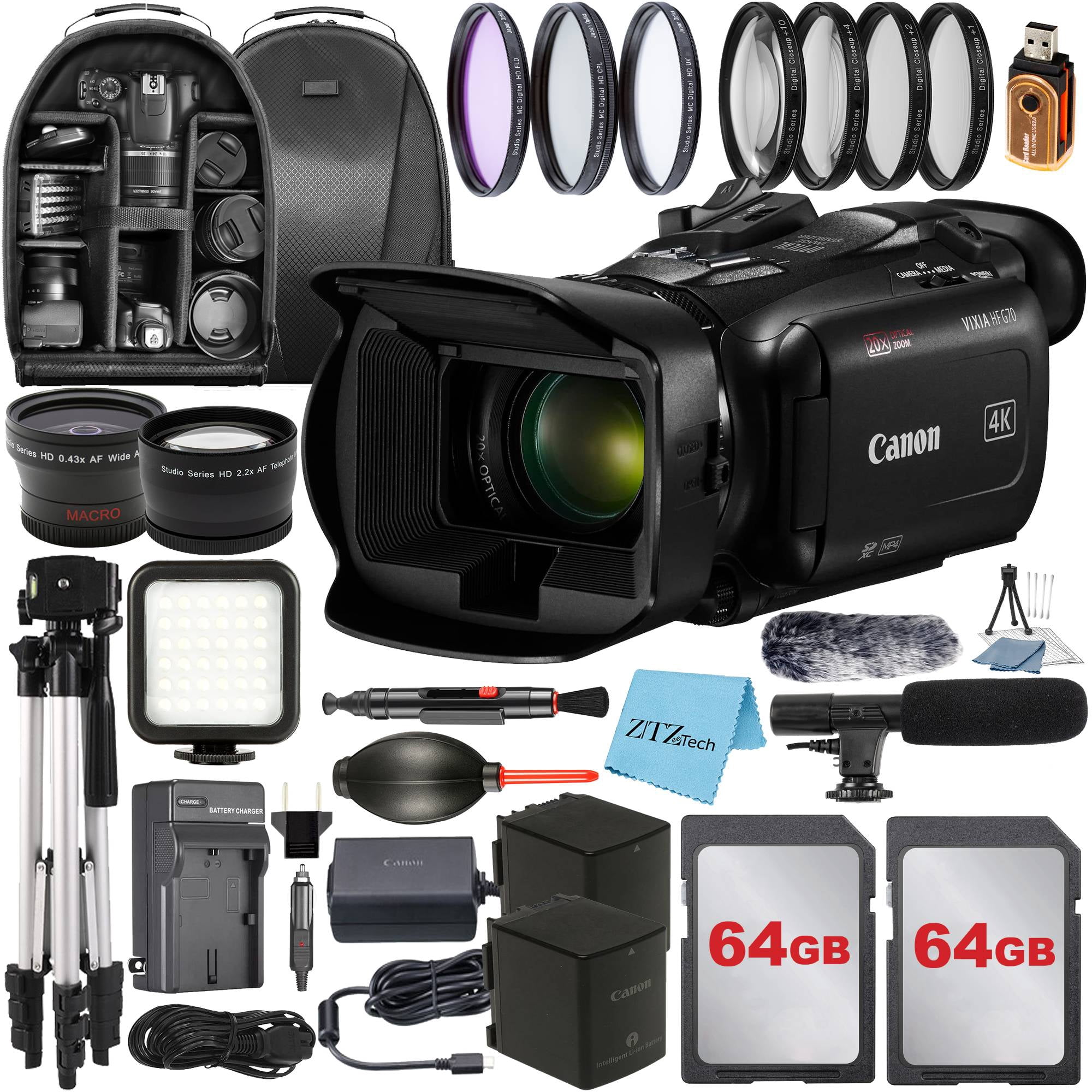 Canon Vixia HF G70 UHD 4K Camcorder with 2 Pack 64GB Memory Card + Backpack + Tripod + Wideangle Lens + ZeeTech Accessory Bundle (International Version)