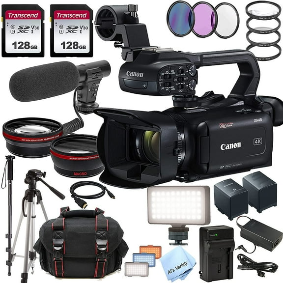 Canon XA45 Professional UHD 4K Camcorder + 256gb Memory + LED Video Light, Shot-Gun Microphone, Case, Tripod, Monopod,Macro & Telphot Lenses, Filters -Accessory Bundle (International Version)