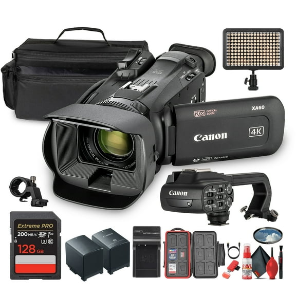 Canon XA60 PAL Professional UHD 4K Camcorder + 128GB SD Card + LED Light + More (Bundle)(International Model)