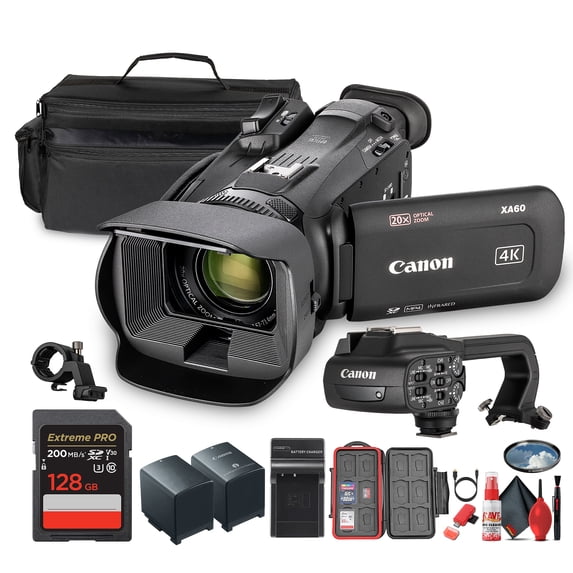 Canon XA60 PAL Professional UHD 4K Camcorder + 128GB SDXC Memory Card + More (Bundle)(International Model)