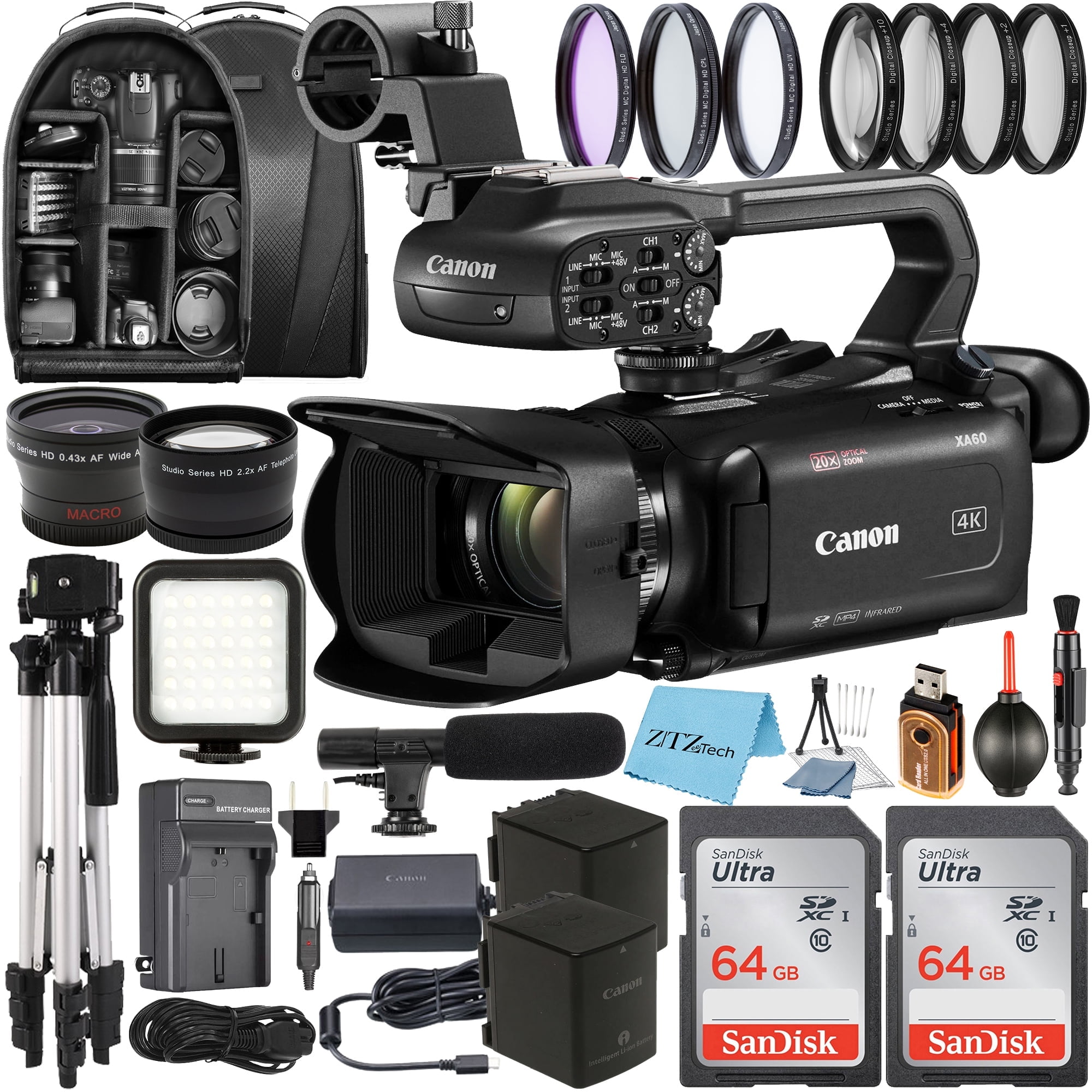 Canon XA60 4K Camcorder with 2x64GB Cards, Case, Tripod, Lens, Flash