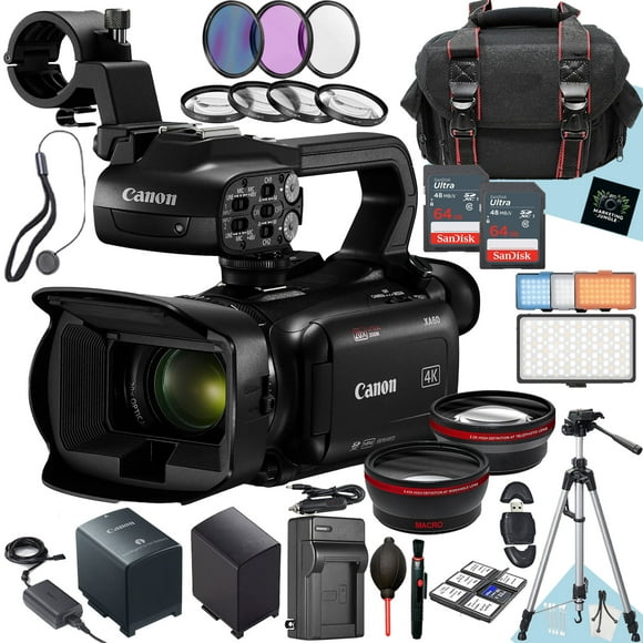 Canon XA60 Professional UHD 4K Camcorder + 2PC 64 GB Memory + Extra Battery + LED Light + Filters + Tripod + More (29pc Bundle)