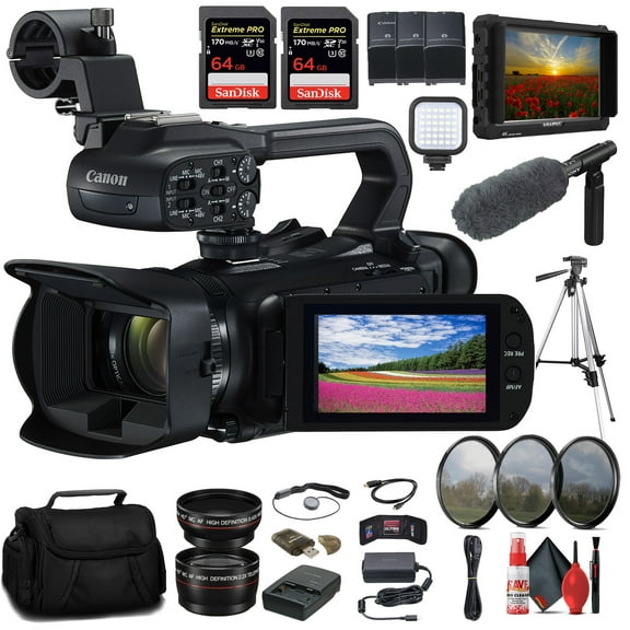Canon XA65 Professional UHD 4K Camcorder 5732C002 4K Monitor Pro Mic 2 x 64GB Memory Card 2 x BP828 Battery BP820 Charger Filter Kit Pro Tripod Bag LED Light International Model