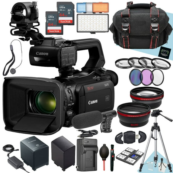 Canon XA70 UHD 4K30 Camcorder with Dual-Pixel Autofocus + 2PC 64 GB Memory + Extra Battery + Filters + Shotgun Video Microphone + LED Light + More (29pc Bundle) (International Version)