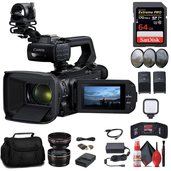 Canon XA70 UHD 4K30 Camcorder with Dual-Pixel Autofocus 5736C002 64GB Memory Card BP828 Battery BP820 Charger Filter Kit Bag LED Light Wide Angle Lens Telephoto Lens International Model