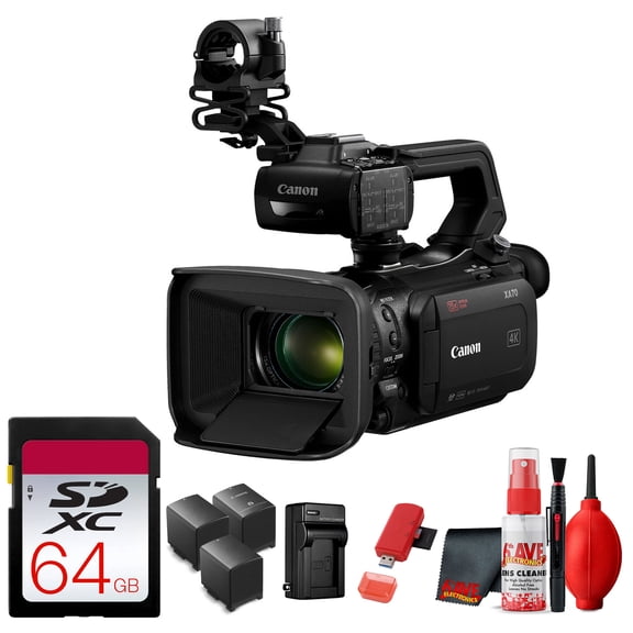 Canon XA70 UHD 4K30 Camcorder with Dual-Pixel Autofocus (5736C002) + 64GB Memory Card, Extra battery, Extra Charger, 5pc Cleaning Kit, & USB Memory Card Reader (International Version)