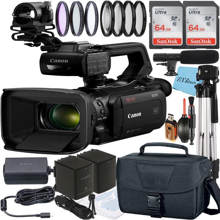Canon XA70 4K30 Camcorder + 2 SanDisk 64GB + Case + Mic + ZeeTech