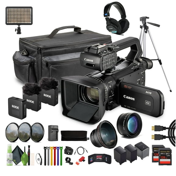 Canon XA75 PAL 4K UHD / 25p Camcorder Bundle With + 2x 128GB Memory Card + Professional Stereo Headphones + Video Tripod + Carrying Case + LED light + Compact Digital Wireless Microphone Recorder
