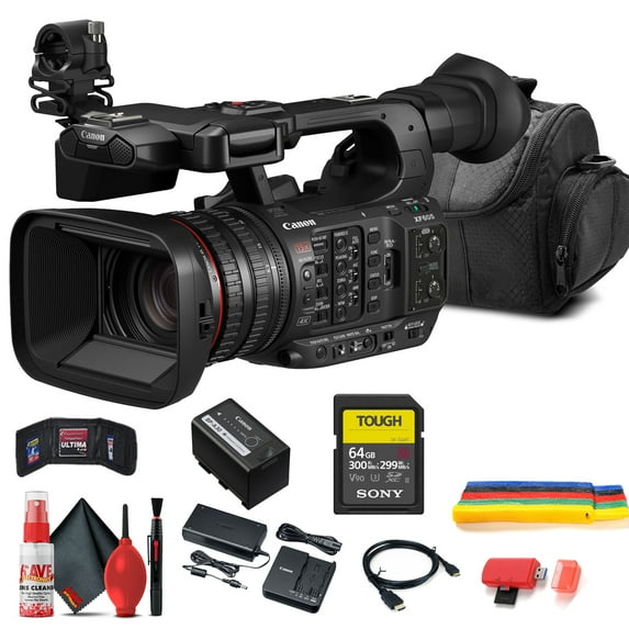 Canon XF605 UHD 4K HDR Pro Camcorder (5076C002) with 64GB Memory Card, Large Bag, Wire Straps, Card Reader, HDMI Cable + More(International Model)