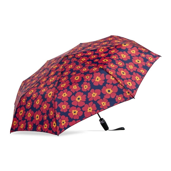 Canopi by ShedRain Sun Rain Auto Open Auto Close 43" UPF 50  Printed Rain Umbrella - Red and Navy Floral