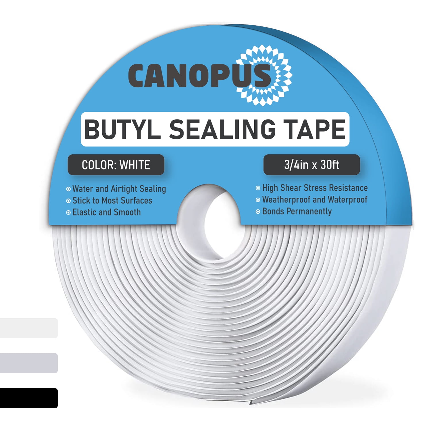 Canopus Butyl Seal Tape, White, 1/8in x 3/4in x 30ft, Heavy Duty