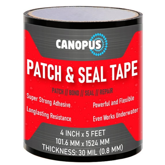 Canopus, Patch and Seal Tape, Fix Leaks on Hoses, Pipes, Gutters, Roofs, Boats, Pools, 4" x 5" Black