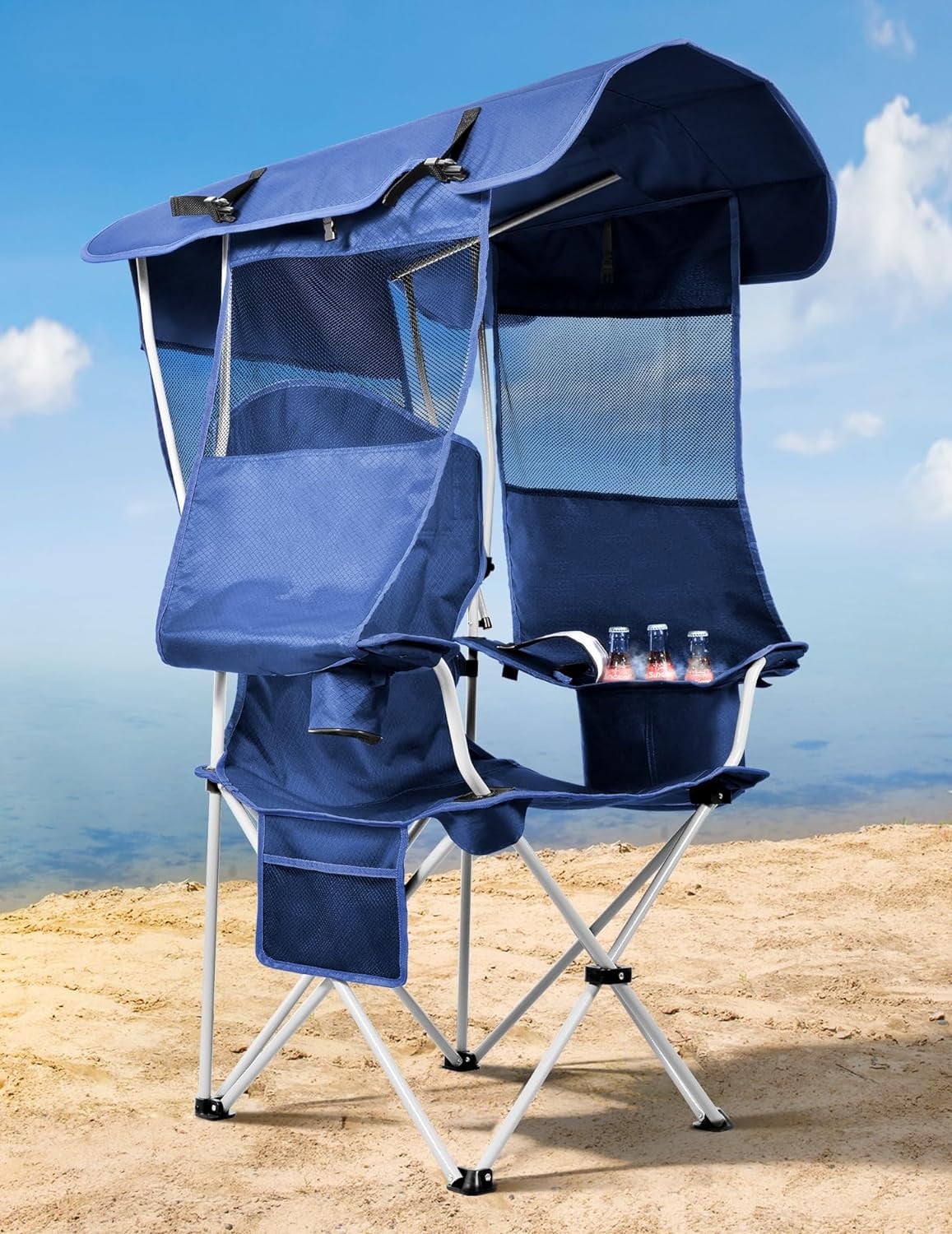Camping Chairs with Cooler Pouch Foldable Beach Chair with Canopy Shade for Camping Sports Beach Fishing Lying Hiking Cup Holder Side Pocket