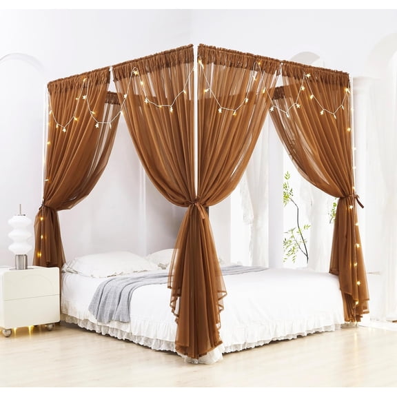 Canopy Bed Curtain with Lights for Full or Queen Bed Coffee Style