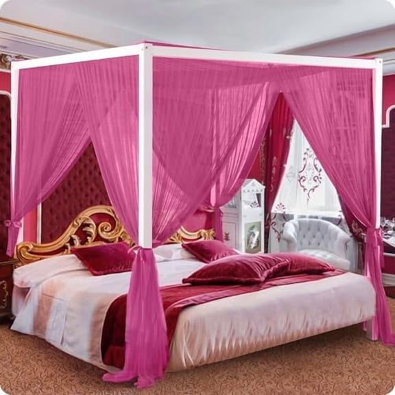 Canopy Bed Curtains, 4 Corner Post Queen Bed Canopy for Girls, Wine Red Bed Drapes for Bedroom, King Canopy Bed Curtain, 100% Ripstop Polyester, Easy Installation, King/Queen Size Rose
