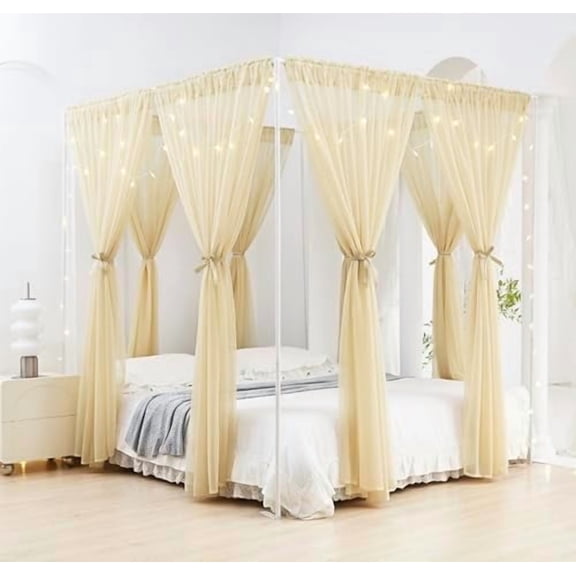 Canopy Bed Curtains 8 Panel Bed Curtains Drapes for Full Queen Size Bed Sheer Canopy Bed Drapes with Lights(Khaki)
