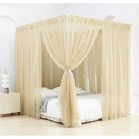 Canopy Bed Curtains 8 Panel Bed Curtains Drapes for King Size Bed Sheer Canopy Bed Drapes with Lights(Khaki)