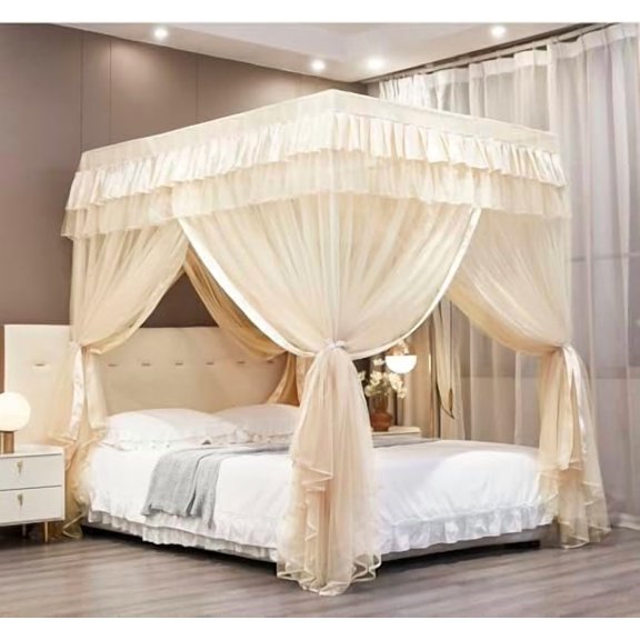 Canopy Bed Curtains Full Sizes,Bed Canopy for Girls Royal Luxurious Cozy Bed Drapes Girls Room Decor(Ivory,Full)