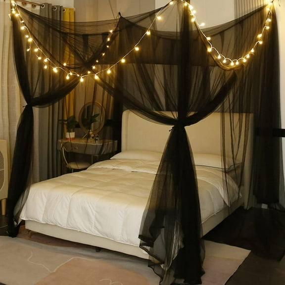 Canopy Bed Curtains with Lights,Elegant Bed Canopy Curtains Bed Netting for Full Queen King Size Bed,Halloween Decoration,Gothic Black Room Decor Aesthetic