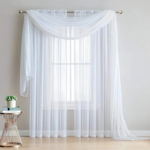 Canopy Bed Curtains with Lights for Girls & Adults, 2 Panels Sheer Bed Canopy Curtains for Full/Queen Metal Bed Frame, Scarf Valance Canopy Bed Drapes, 37.4" X 228", Easy Install, White$$Bedding