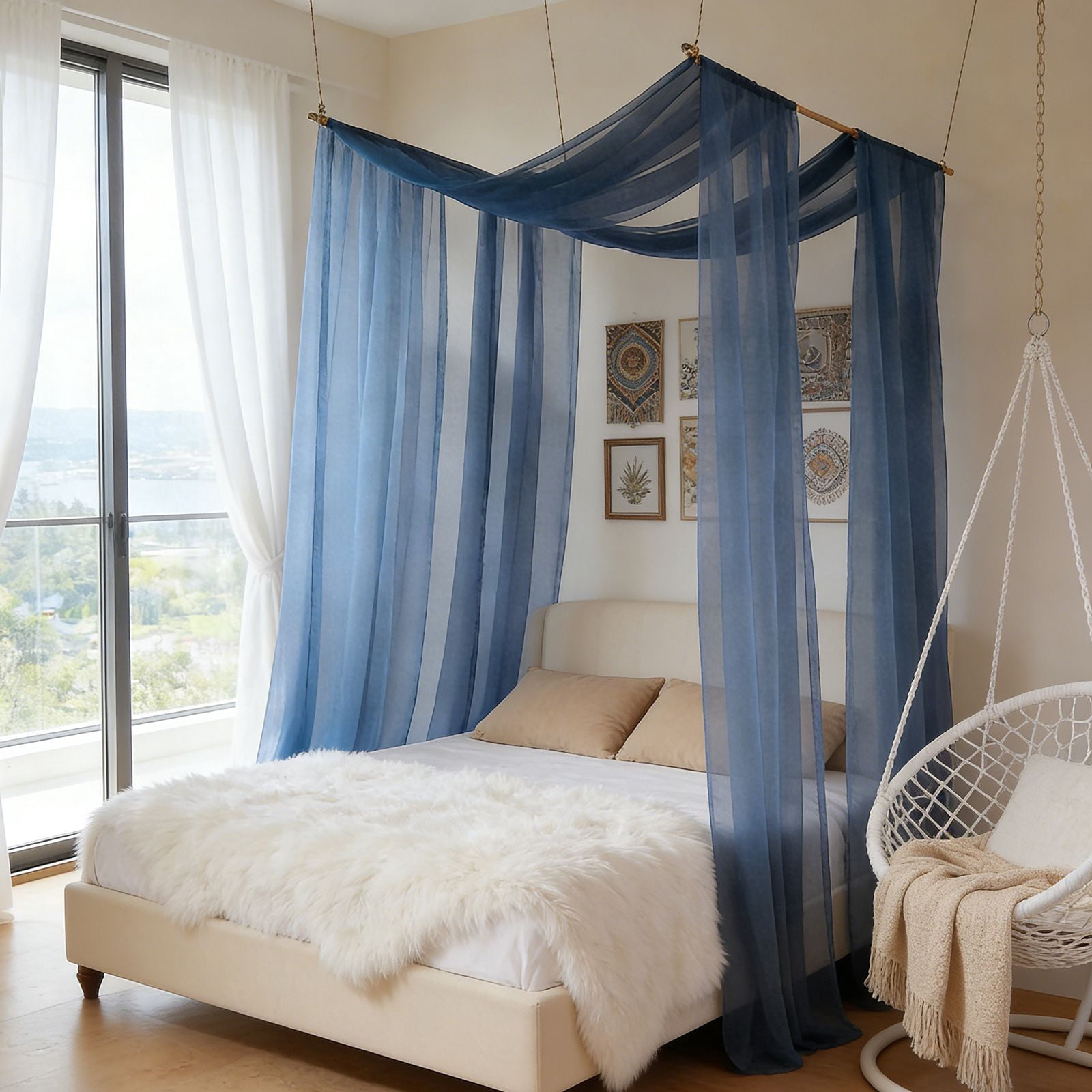 Canopy Bed Curtains Princess Bed Canopy Scarf Valance for Full/Queen Metal Bed Frame,Wood Frame Bed-2 Panel Sheer Curtain Canopy Bed Drapes