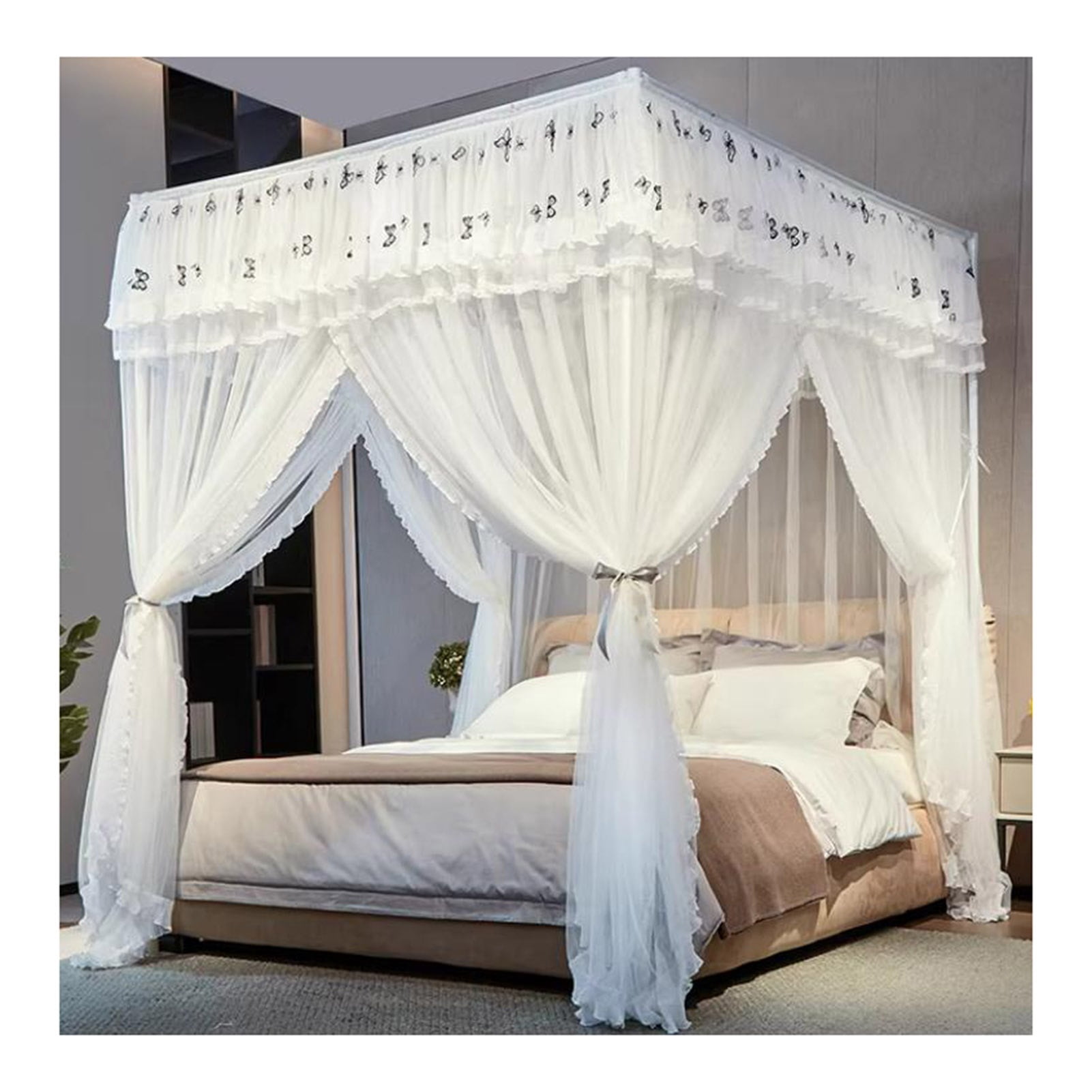 Canopy Bed Curtains, Three-Opening Floor-Length Canopy Bed Drapes, 4 Corner Post Hanging Curtains for Bedroom Decoration
