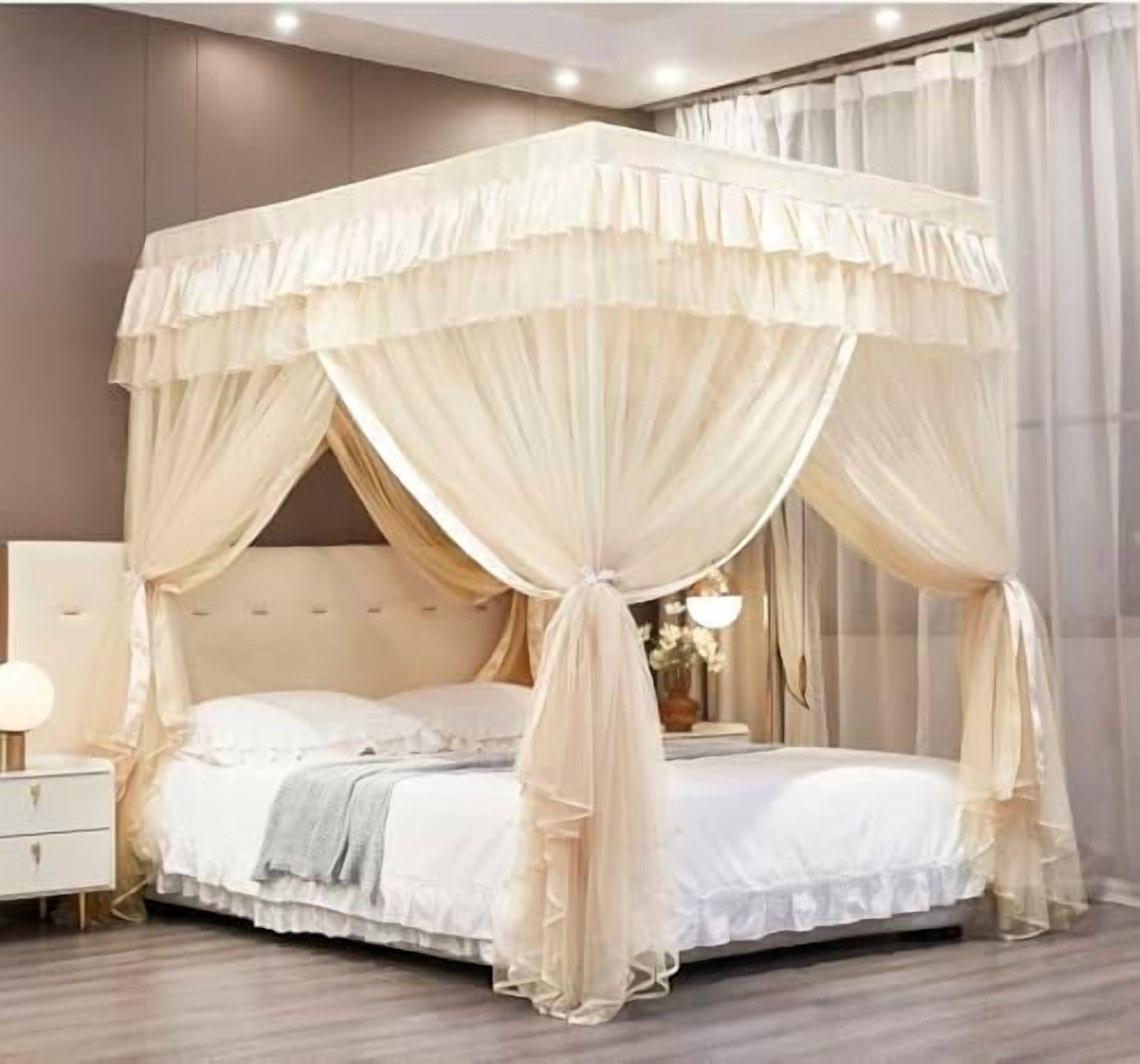 Canopy Bed Curtains Twin Sizes,Bed Canopy for Girls Royal Luxurious Cozy Bed Drapes Girls Room Decor(Ivory,Twin)