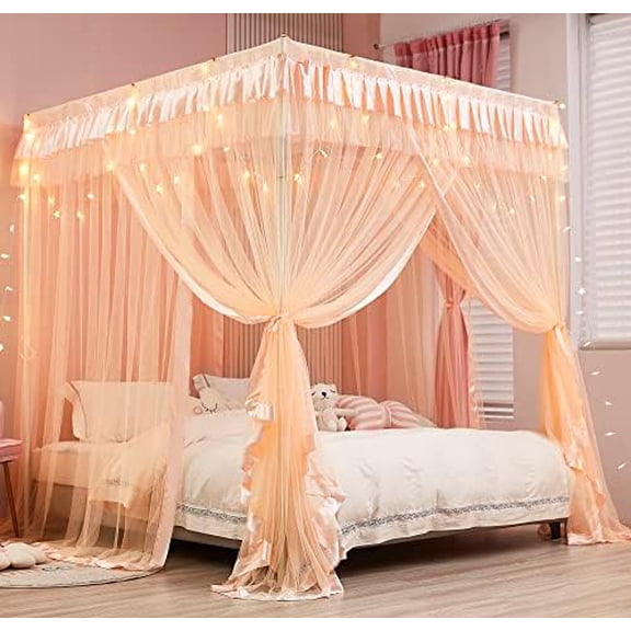 Canopy Bed Curtains Twin Sizes,Bed Canopy for Girls Royal Luxurious Cozy Bed Drapes Girls Room Decor(Peach,Twin)