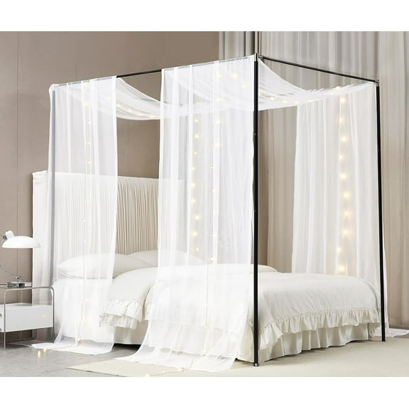 Canopy Bed Curtains with Light Princess Bed Canopy Scarf for Full/Queen Metal Bed Frame,Wood Frame Bed-2 Panel Sheer Curtain(Full/Queen,White)