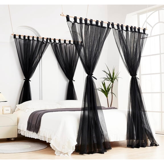 Canopy Bed Curtains with Poles for King,Queen,Full and Twin Bed, Bed Canopy Drapes Sheer Curtains for Girls Adults Bedroom Decoration (Black)