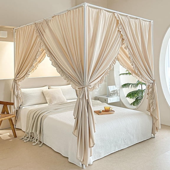 Canopy Bed Curtains with Top Ties Windproof Lightproof Twin Khaki
