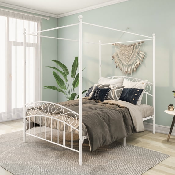 Canopy Bed Frame Full with Headboard and Footboard, White Canopy Bed with Center Support Legs, 4 Poster Bed Frame Platform Bed Frame, Easy to Assemble