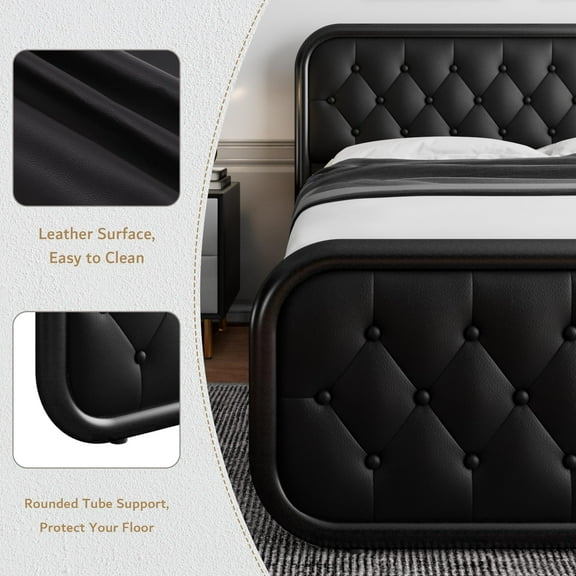 Canopy Bed Frame Full Size Four Poster Metal Platform Bed Sturdy Steel Slats Headboard Footboard No Box Spring Space Saving for Small Room Black