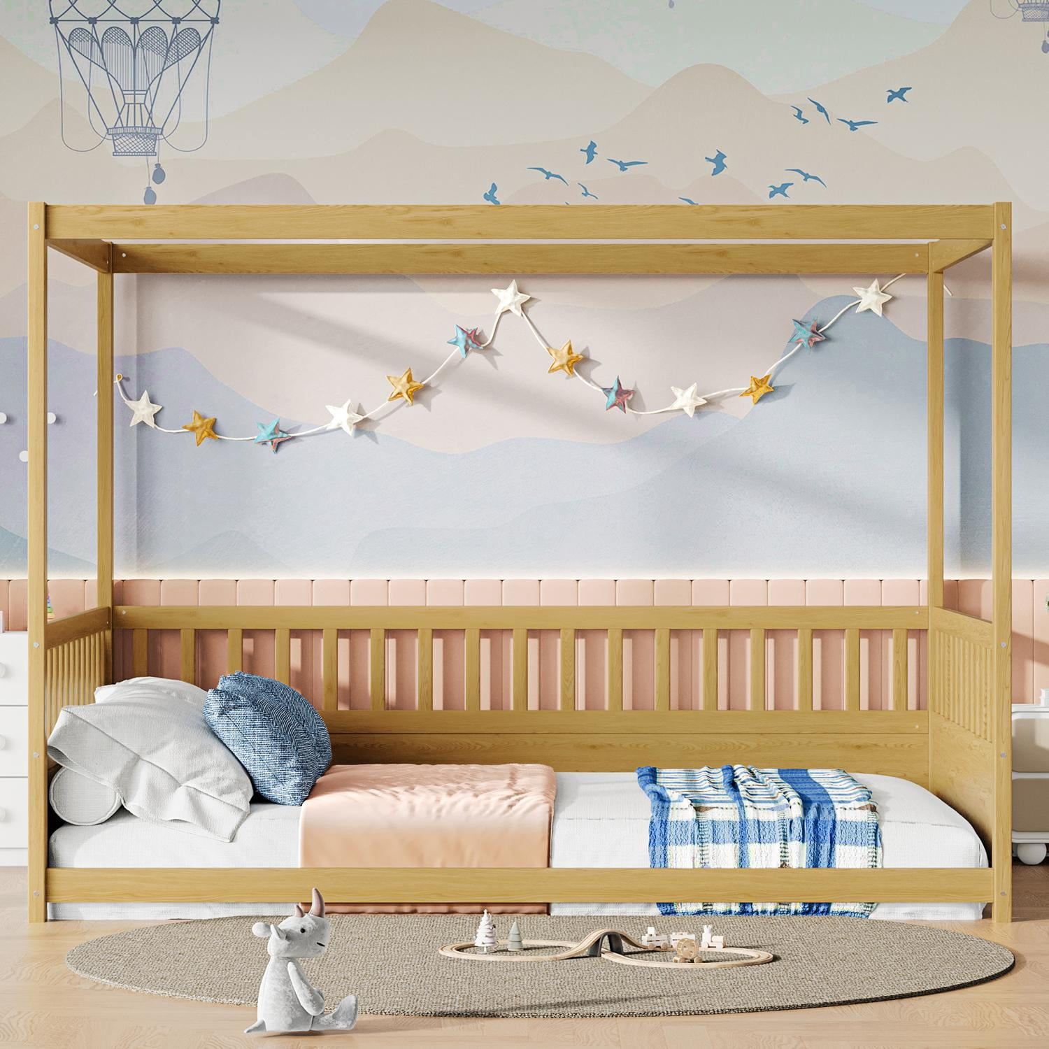Canopy Bed Frame with Guardrails for Kids, Full Size Floor Bed with Four Poster Design, Natural Pine Wood Montessori Bed, Low Profile Floor Bed with 21.45-Inch Guardrail