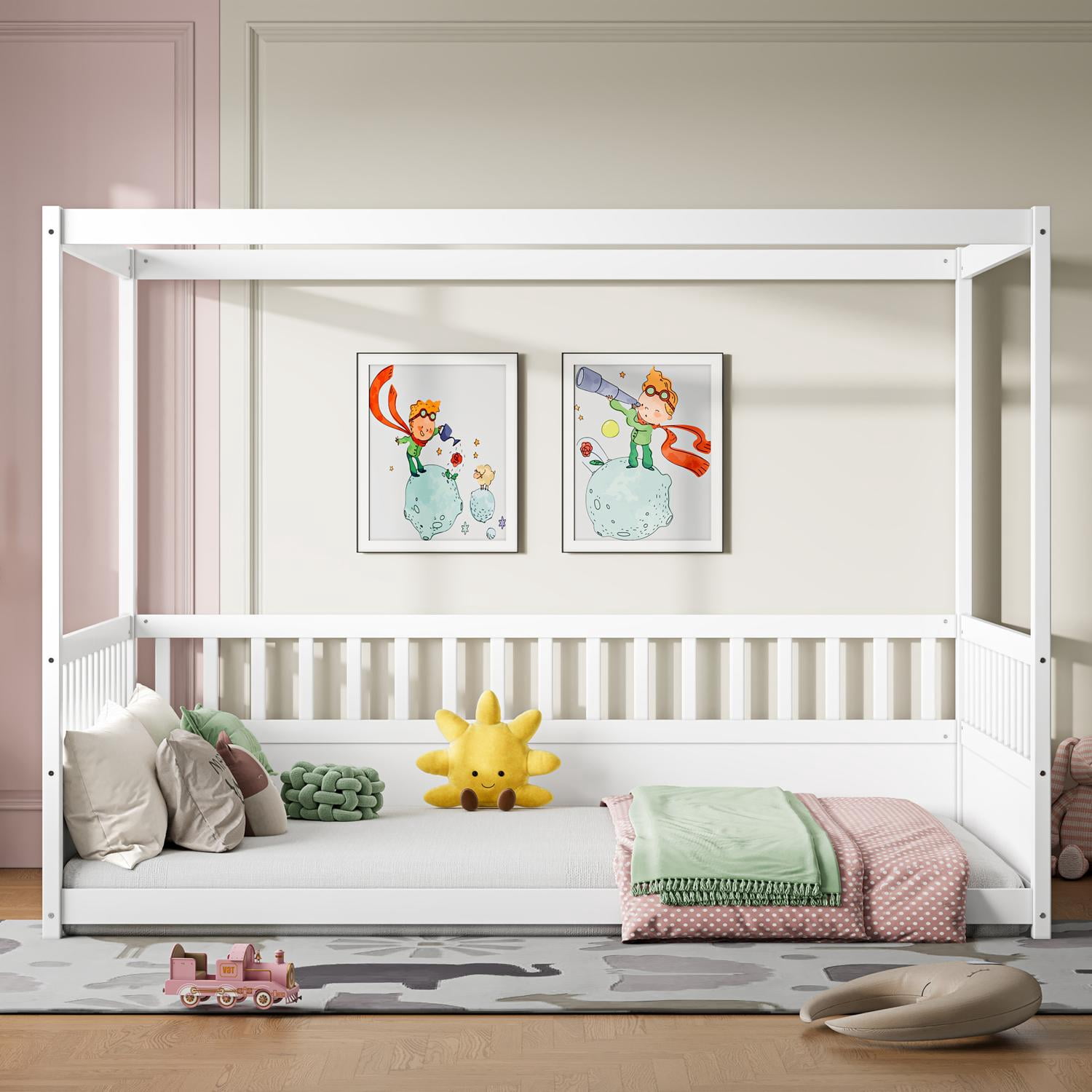 Canopy Bed Frame with Guardrails for Kids, Full Size Floor Bed with Four Poster Design, White Pine Wood Montessori Bed, Low Profile Floor Bed with 21.45-Inch Guardrail