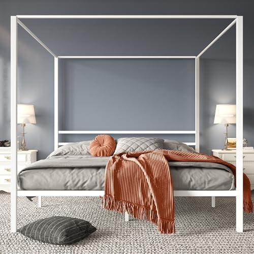 Canopy Bed Frame King Size, Metal Platform Bed with 12-inch Under-Bed Storage, Four Poster Canopy Bed Frame Mattress Foundation with Metal Slats Support, No Box Spring Needed/Easy Assembly/White