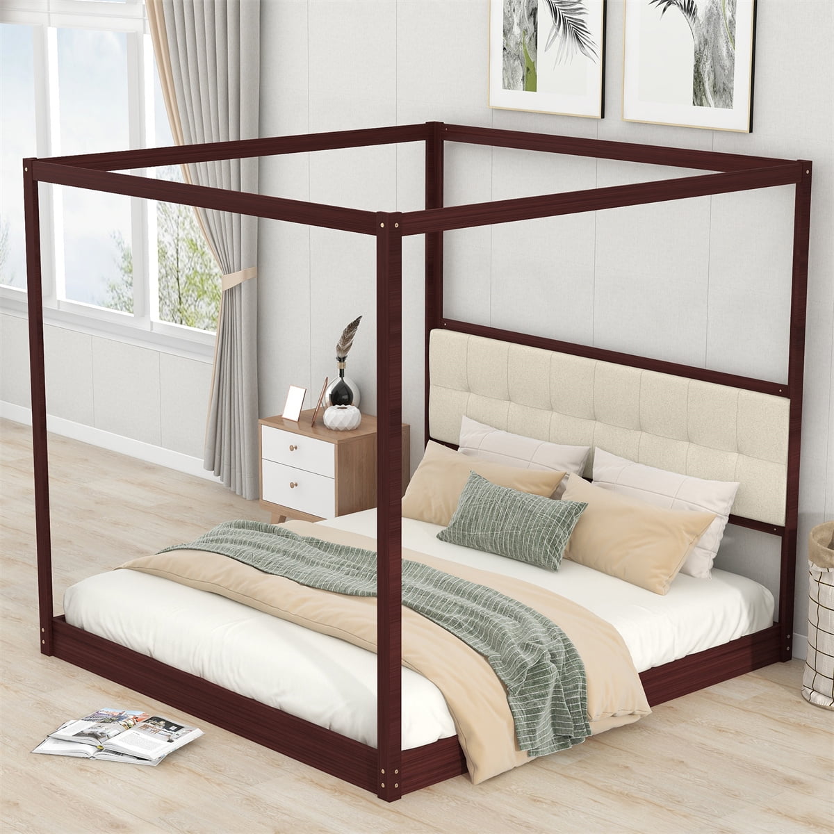 Canopy Bed Frame,King Size Wooden Canopy Bed with Upholstered Headboard