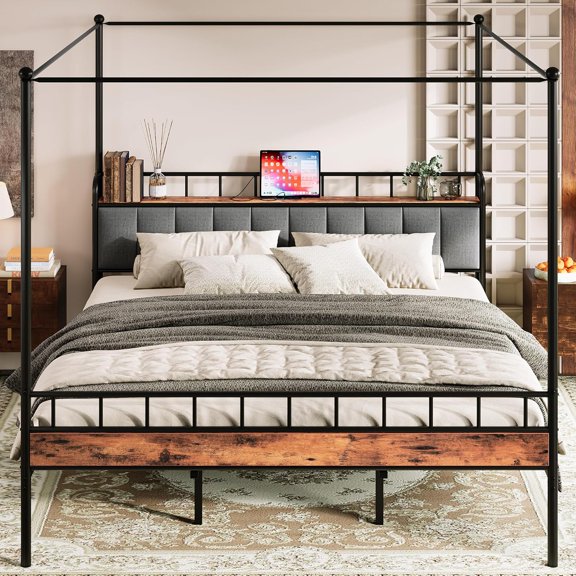 Canopy Bed Frame King, Storage Headboard with Charging Station, Platform Bed with 4 Removable Sturdy Posts, Noise Free, No Box Spring Needed, Vintage Brown