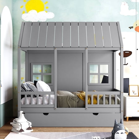 Canopy Bed Frame Platform Bed with Twin Size Trundle Modern Wooden Canopy Bed with Roof, Windows and Slat Support Leg for Dorm, Bedroom, Guest Room (Twin)