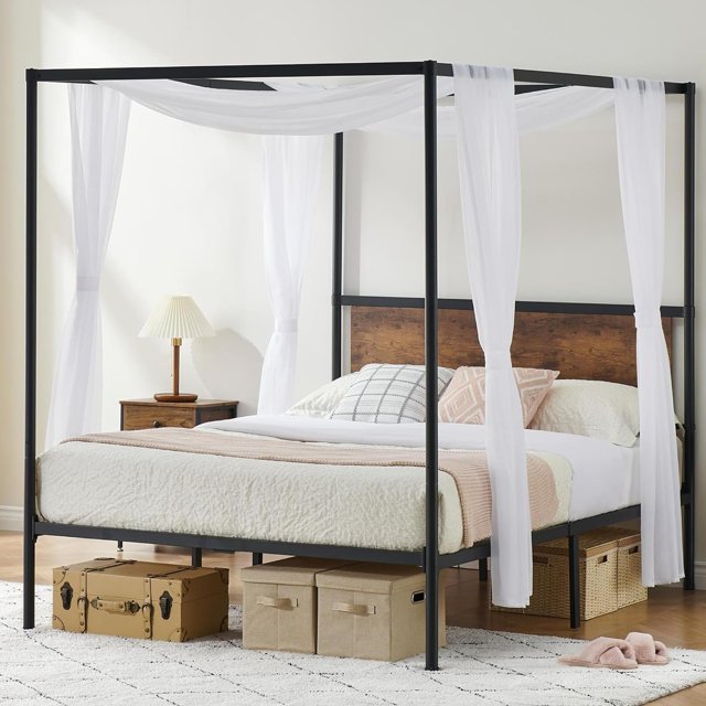 Canopy Bed Frame Queen Size, Black FourPoster Platform Metal Bed Frame