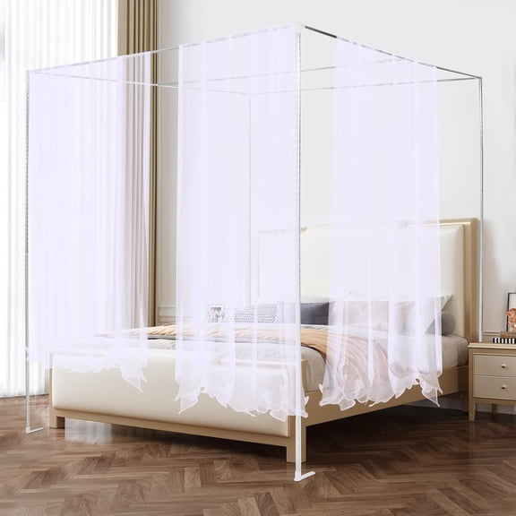 Canopy Bed Frame - Queen Size Premium Metal Poles with 4 Corner Brackets, Sturdy Stainless Steel Canopy Posts for Wood/Metal Beds (Silver, Easy Assembly, Mosquito Net Compatible)