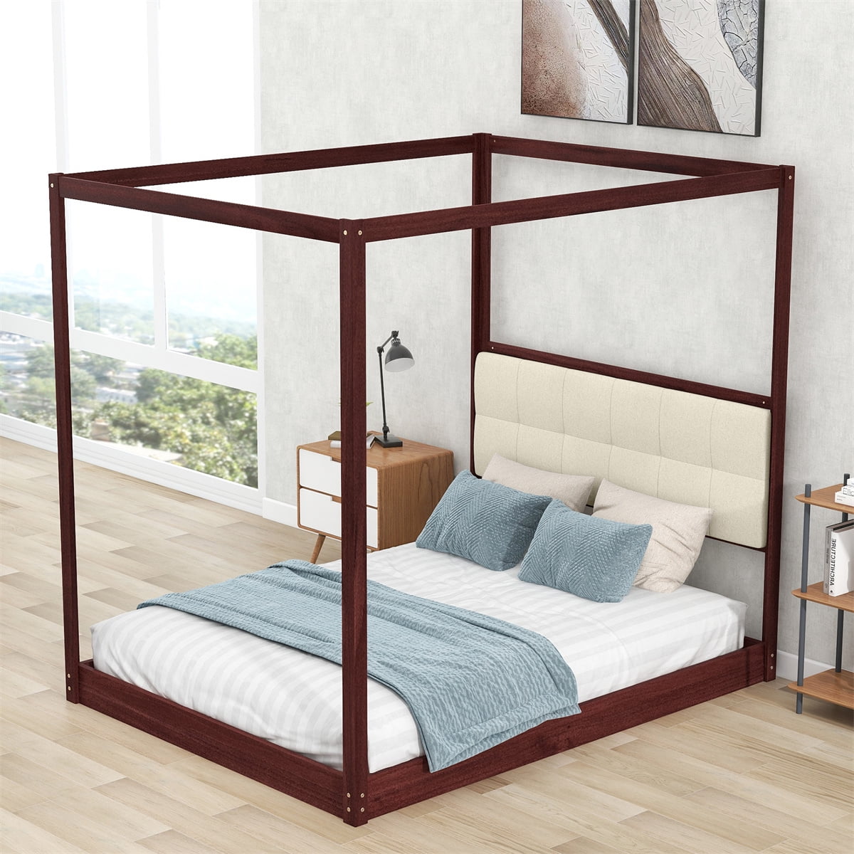 Canopy Bed Frame,Queen Size Wood Canopy Bed with Upholstered Headboard