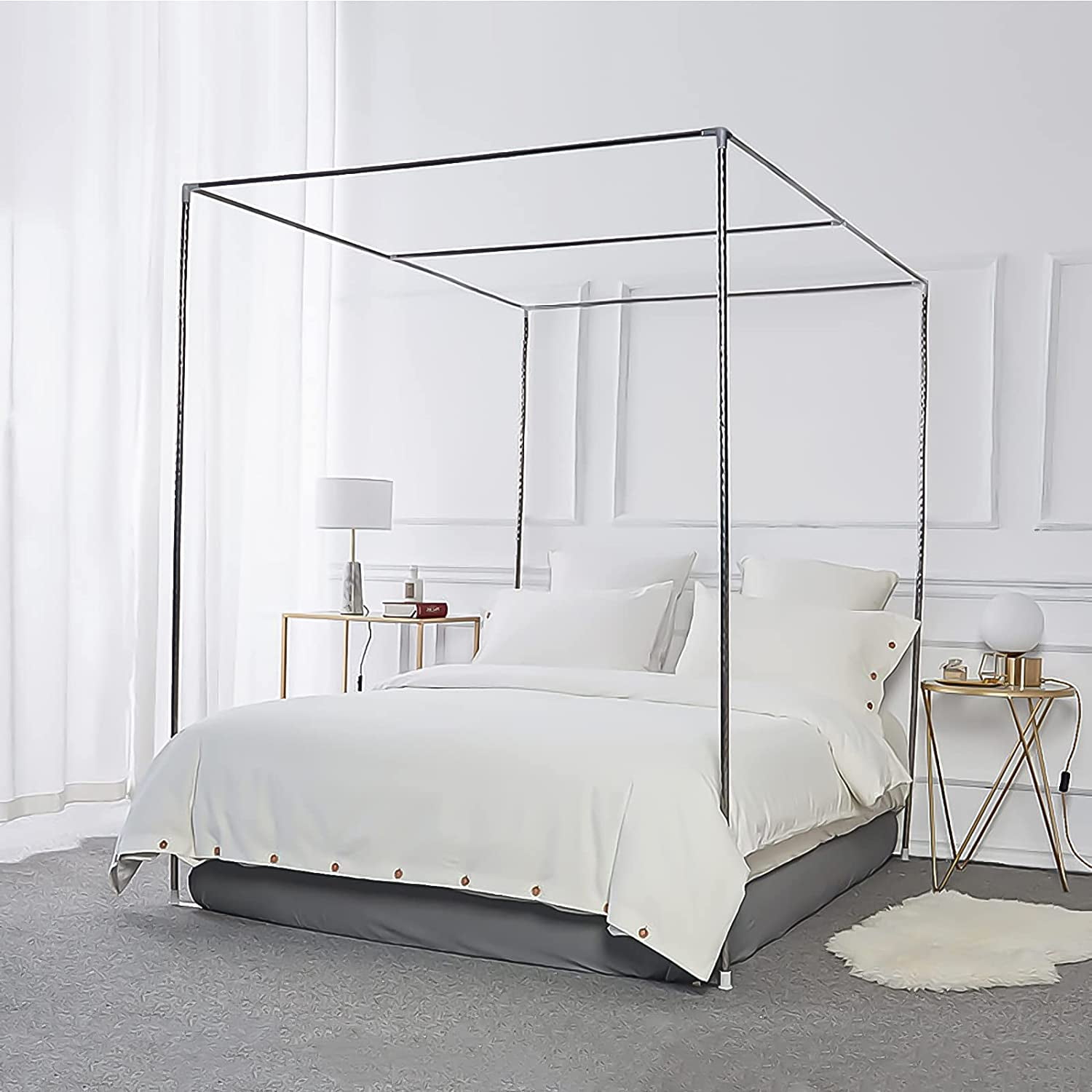 Canopy Bed Frame Stainless Steel Queen Size Bed Canopy Frame & Bed Poles, Fit for Four-Corner ...