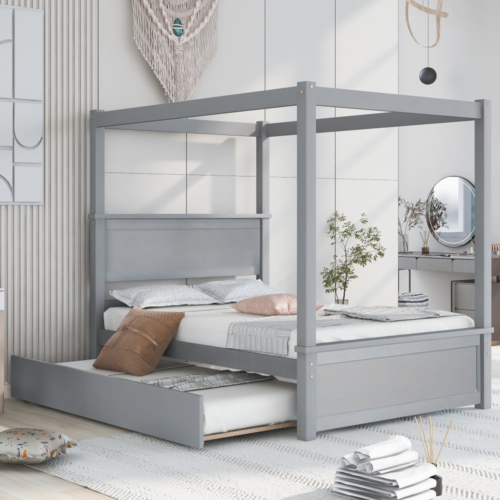 Canopy Bed Frame with Trundle Bed, Full Size Platform Wood Bed with ...