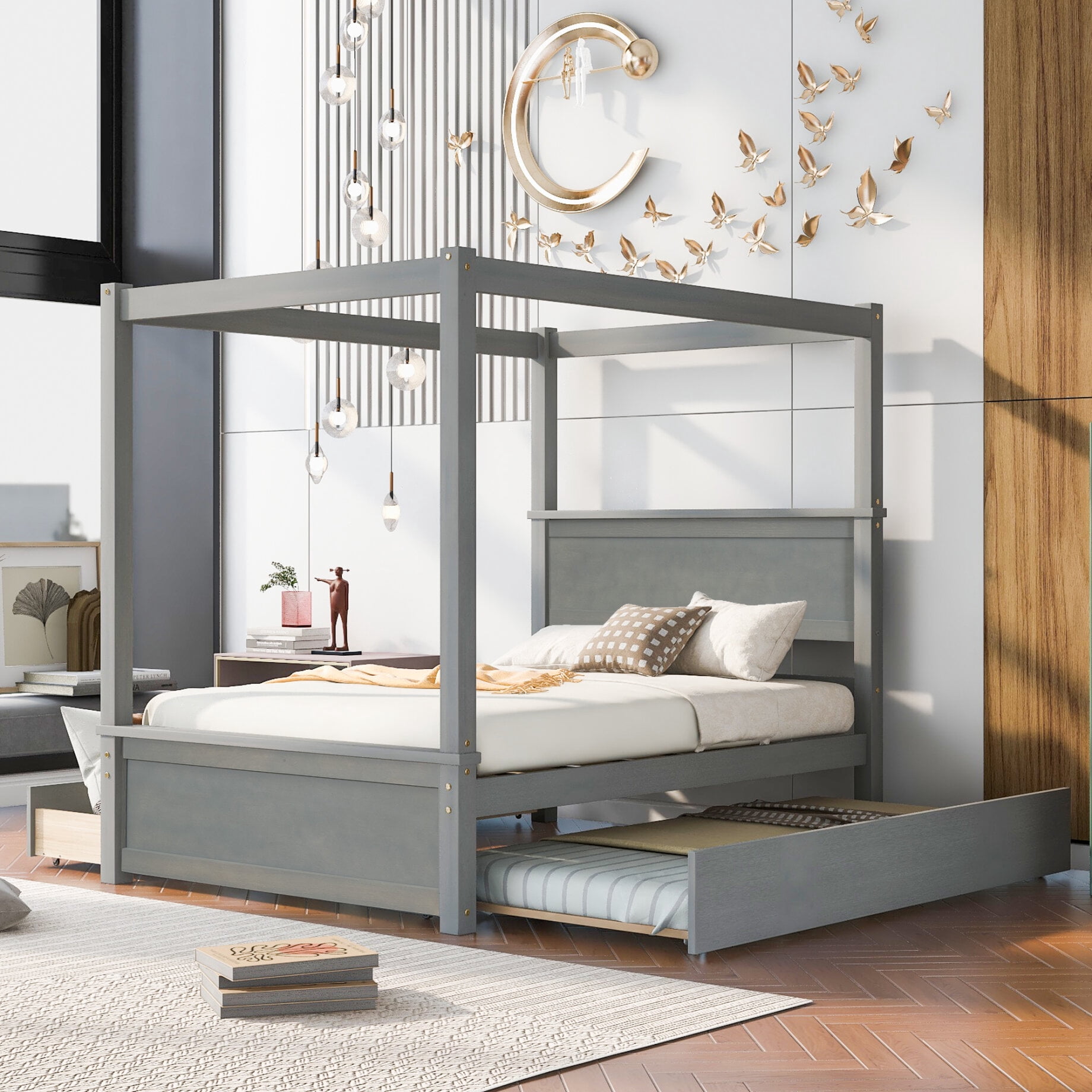 Canopy Bed Frame with Trundle Bed and 2 Drawers, Full Size Platform ...