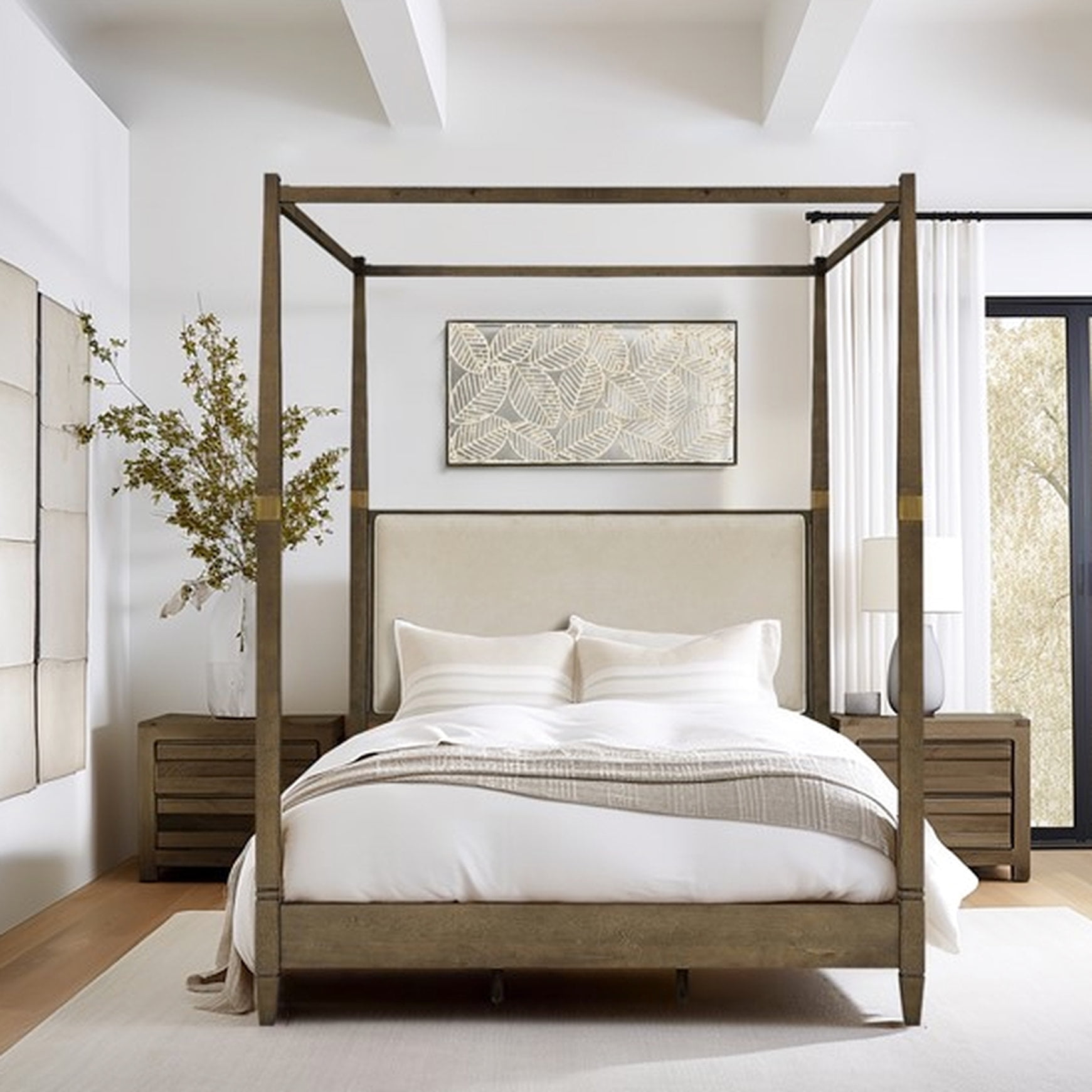 Canopy Bed Queen - Solid Wood Veneer Side Rail And Foot Board Brown ...