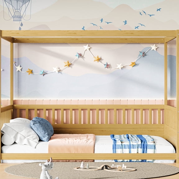 Canopy Bed With Guardrails - Stylish And Functional For Rooms Floor Natural Wood Three Fence Design